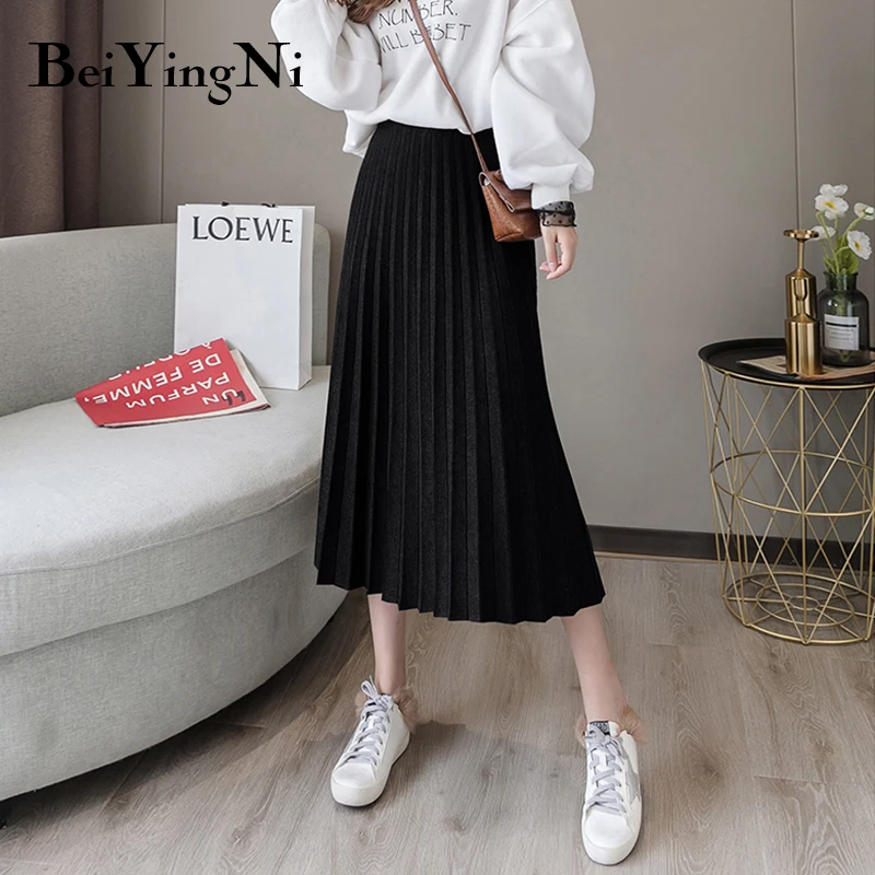 Женская плиссированная юбка Beiyingni теплая винтажная трикотажная миди однотонная