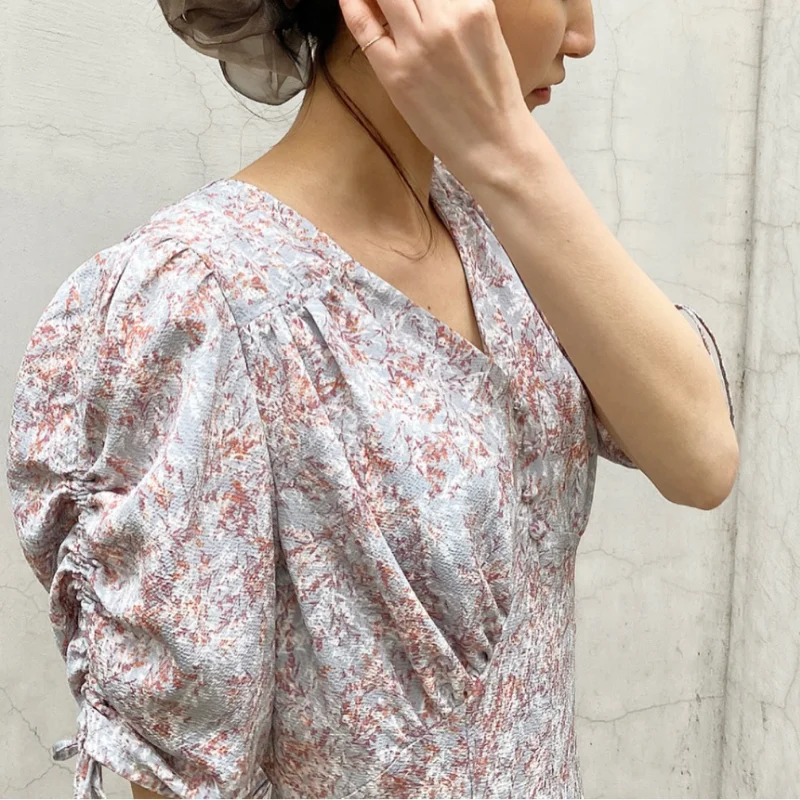 

Japanese Spring Slim Chic Print Vestidos V-neck Puff Short Sleeve Women Dresses Elegant Loose Elegant Casual Long Femme Robe