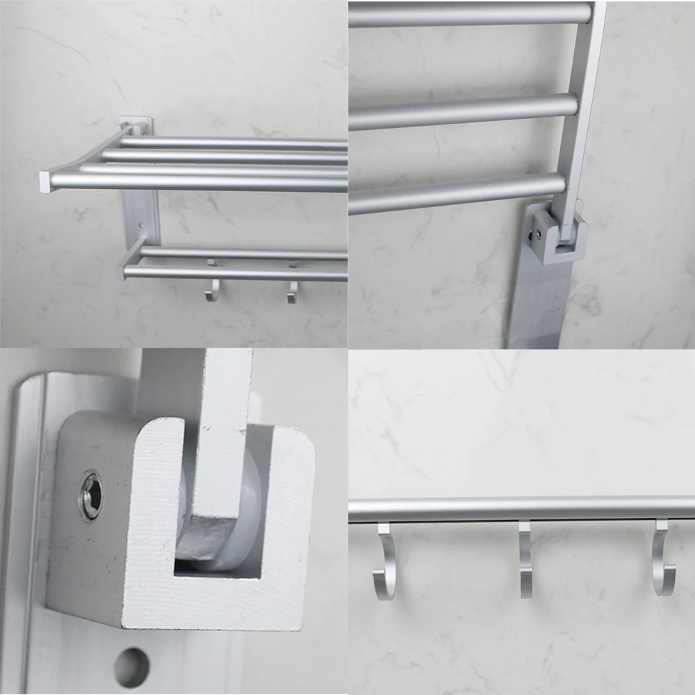 

Towel Rack Double-Layer Shower Holder Bathroom Accessories Fold Wall Organizer Hook Hanger Bright Silver Aluminum Storage Shelf