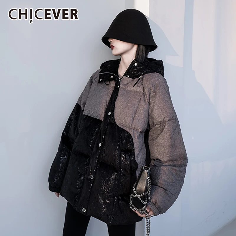 

CHICEVER корейское модное хлопковое пальто для женщин с капюшоном и воротником с длинным рукавом в стиле пэчворк цветное зимнее пальто женская ...