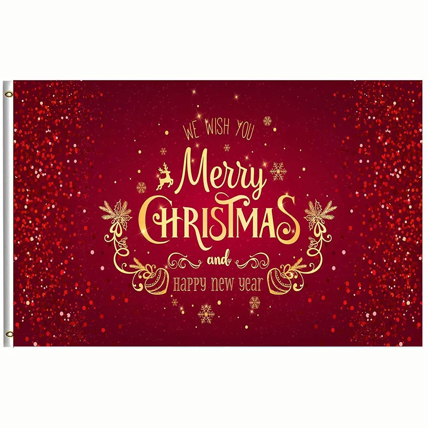 

Happy New Year Christmas Decoration Flag Winter Holiday Banner Red Gold Deer Elk Holly Snowflakes Garden House Outdoor