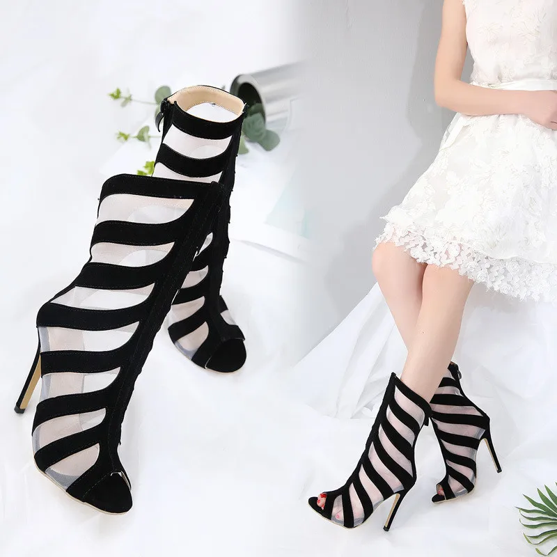 

2021 Fashion Black Summer Sandals Lace Up Cross-tied Peep Toe High Heel Ankle Strap Net Surface Hollow Out Sandals