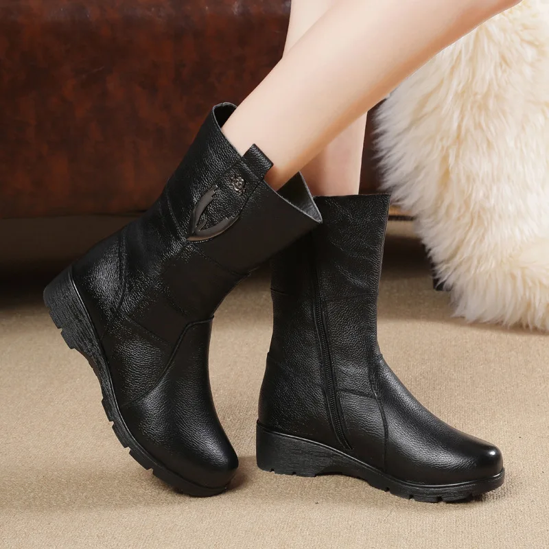 

TIMETANG2019 Fashion Thick Plush Snow Boots Women Classic Black Genuine Leather Mid Calf Wedge Winter Warm Boots WomenE1192