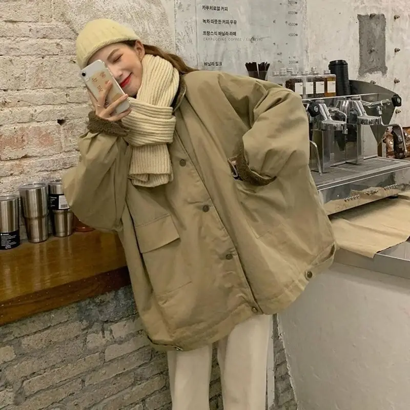 

2021 lamb wool coat for women spring autumn new Korean female student BF loose plus velvet thick cargo cotton coat streetwear