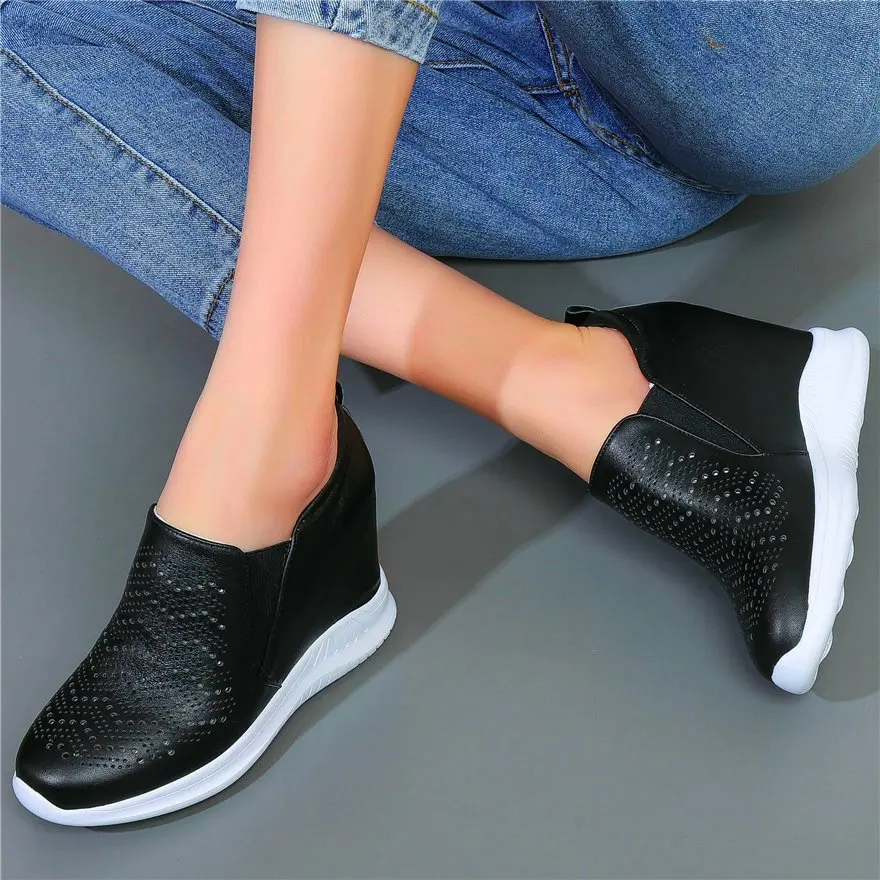 

Breathable Fashion Sneakers Women's Genuine Cow Leather Ankle Boots Cutout Round Toe Slip On Hidden Wedge High Heel Oxfords