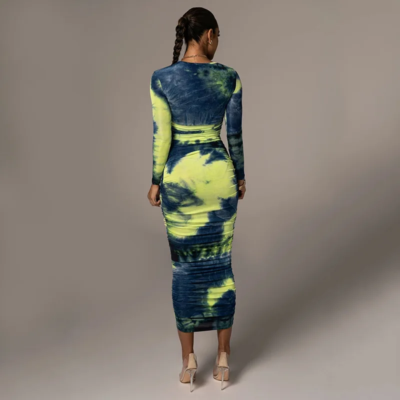 

2021 Tie-Dye Print Ruched Christmas Dress for Women Long Sleeve Sexy Bodycon Winter Dress Elastic Pleated Casual Party Dress