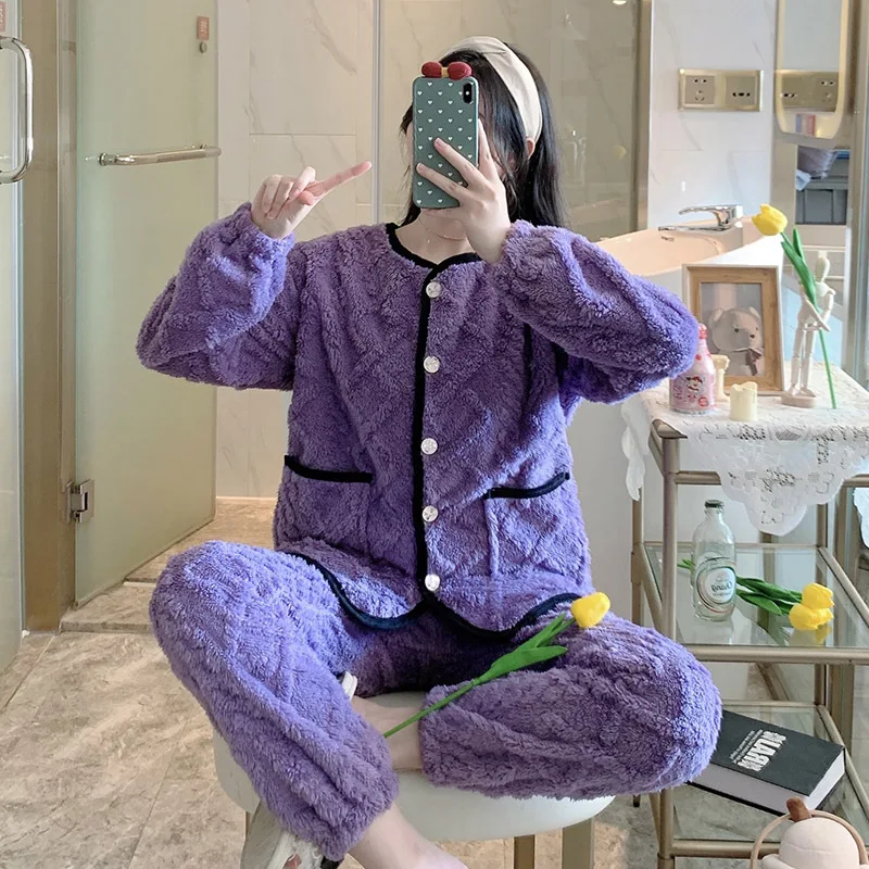 Sweet Pajamas Set Women Pink Pajamas Autumn Winter Flannel Casual Warm Round Neck Plus Velvet Thickening Cute Home Service