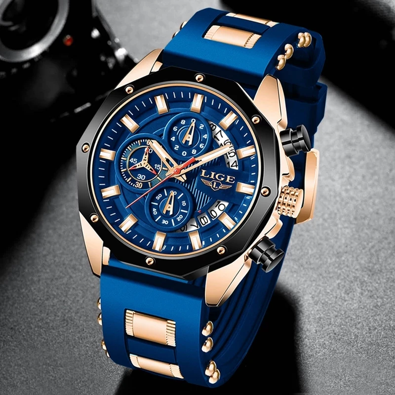 

2021 LIGE New Fashion Mens Watches Top Brand Luxury Silicone Sport Watch Men Quartz Date Clock Waterproof Wristwatch Chronograph