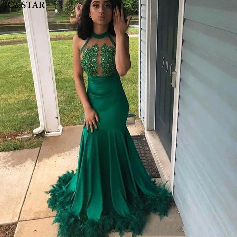 Vestido de formatura longo/Новинка кружевное платье с аппликацией и перьями зеленое