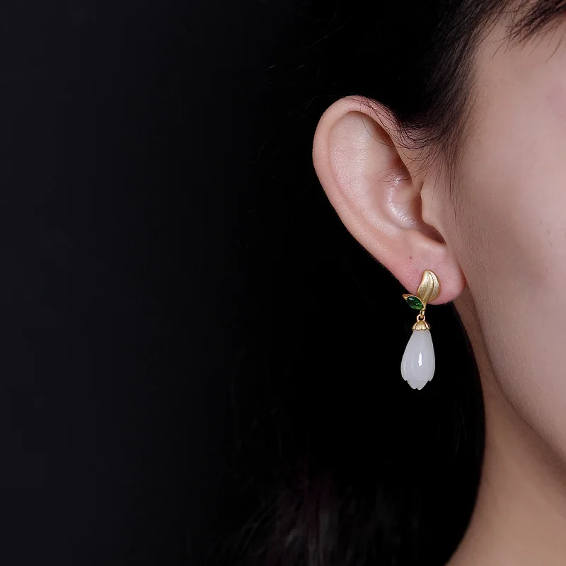 

High Quality Fashion S925 Natural Jade Hetian Jade Magnolia Flower Leaves Ladies High-Grade Jade Earrings Pendant Set Earrings