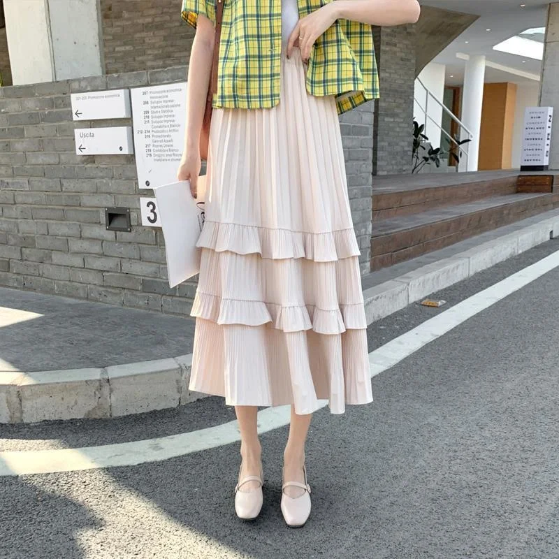 

Pleated cake skirt mid length high waist 2021 spring and summer cover crotch show thin white A-line skirt student skirt girl