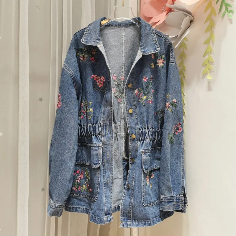 

2021 Early Spring New Korean Embroidery Embroidery Waist Thin Medium and Long Denim Jacket Literary and Artistic Trend