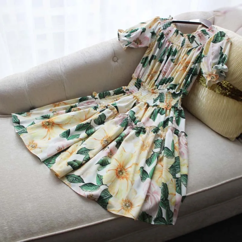 

Women 2021 New Summer Runway Fashion Short Sleeve Slash Neck Floral Printed Short Yellow Dress Casual Party Robe Beach Vestidos