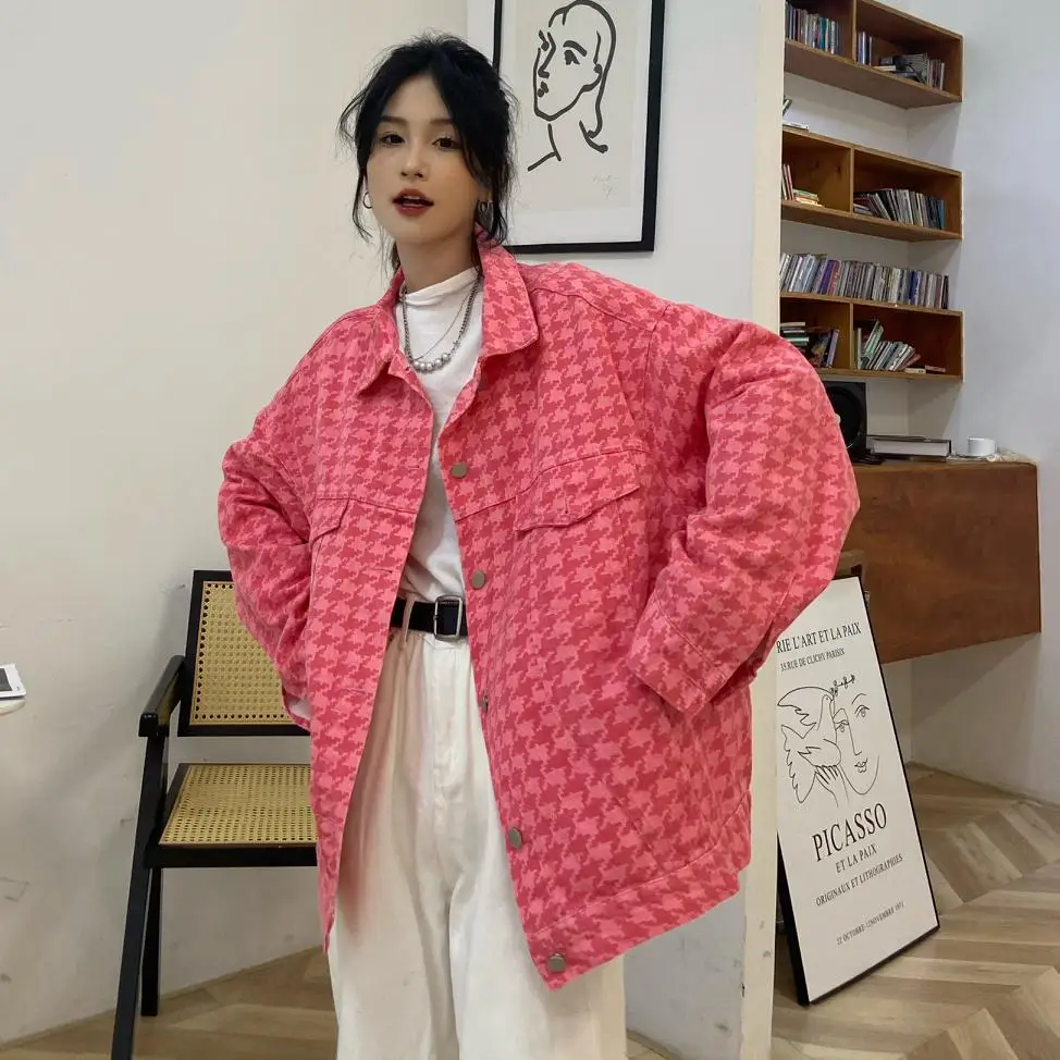 

Осень 2021, новый стиль, Корейская версия, Свободное пальто в клетку с принтом, куртка в стиле ретро