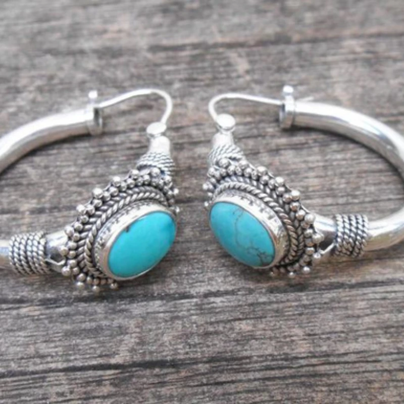 

Hot Fashion Round Stone Long Hoop Earrings for Women Simple Vintage Silver Color Drop Boho Jewelry Ring Gift Z1596