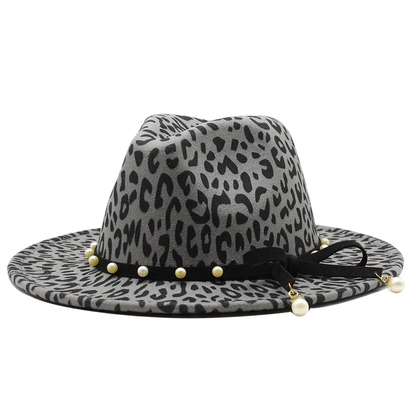 Seioum Felt Fedora Mens Jzz Hats Gentleman Cotton Winter Women Leopard print pearl Wide Brim Top Hat Chapeau Femme