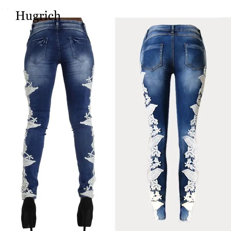 Джинсы со средней талией и кружевом модные полноразмерные эластичные колготки с