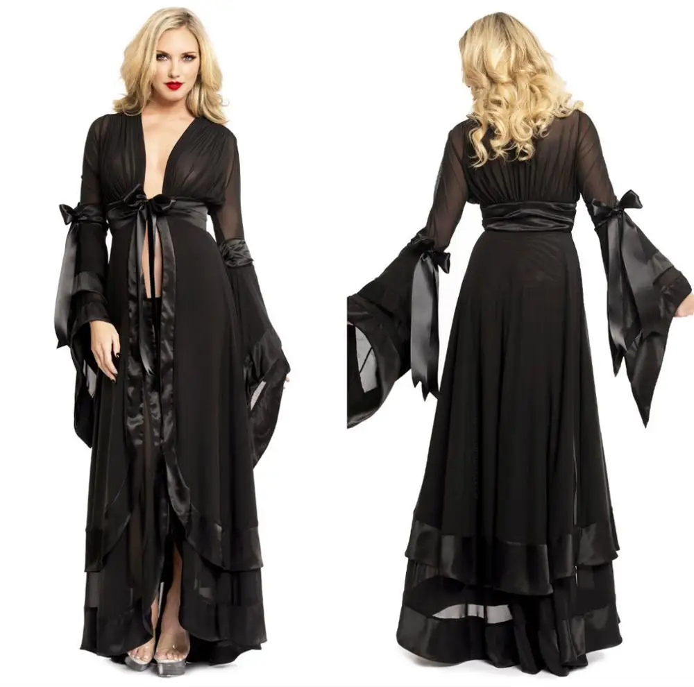 

Black Women Sleepwear Long Sleeve Lingerie Satin Belt Robe Cheap Bathrobe Tulle Nightwear Babydoll Robe Gowns