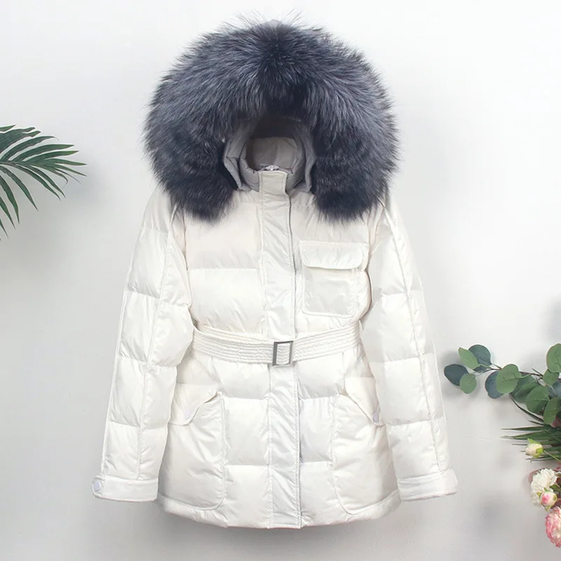 

2021 Fashion Winter Jacket Women Real Natural Silver Fox Fur Collar Hooded White Duck Down Coat Thick Warm Outerwear Streetwear