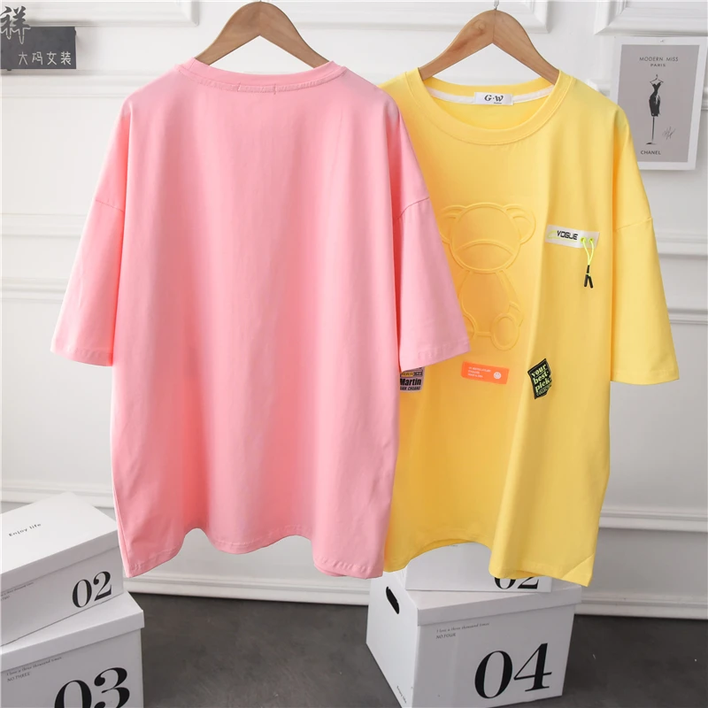 

2021 Summer 3D Concave-Convex Bear Half Sleeve Ladies Top Plus Size Cartoon Mid-Length Women T-shirt Short Sleeve Fashion Tee