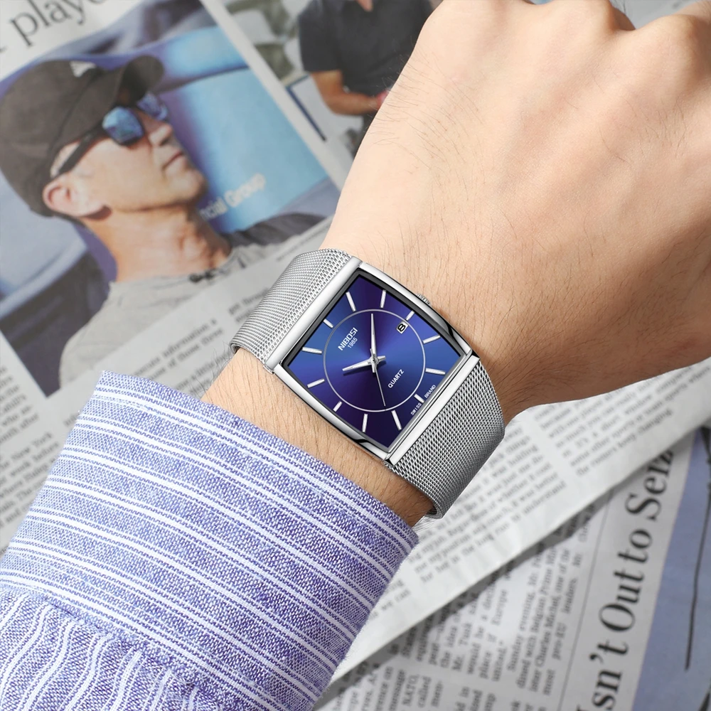 

Men's Watches Stainless Steel Mesh Strap Black Wrist Watch Business Creative Square Watches Male Clocks Relogio Masculino