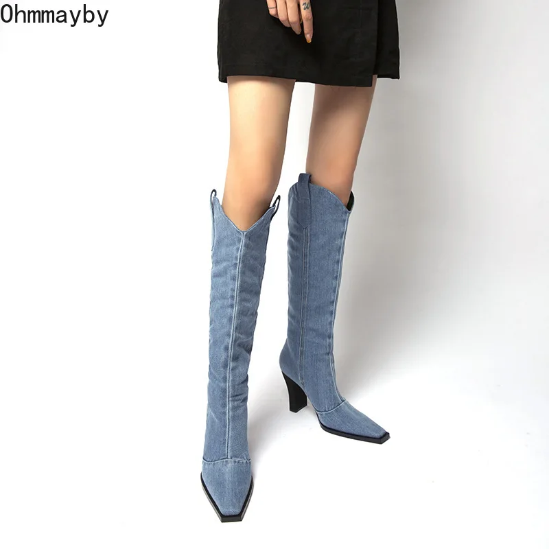 

New 2021 Winter Women Knee High Boots Fashion Women's Shoes Ladies Western Cowboy Female Square Heel 9CM Woman Zip Footwear