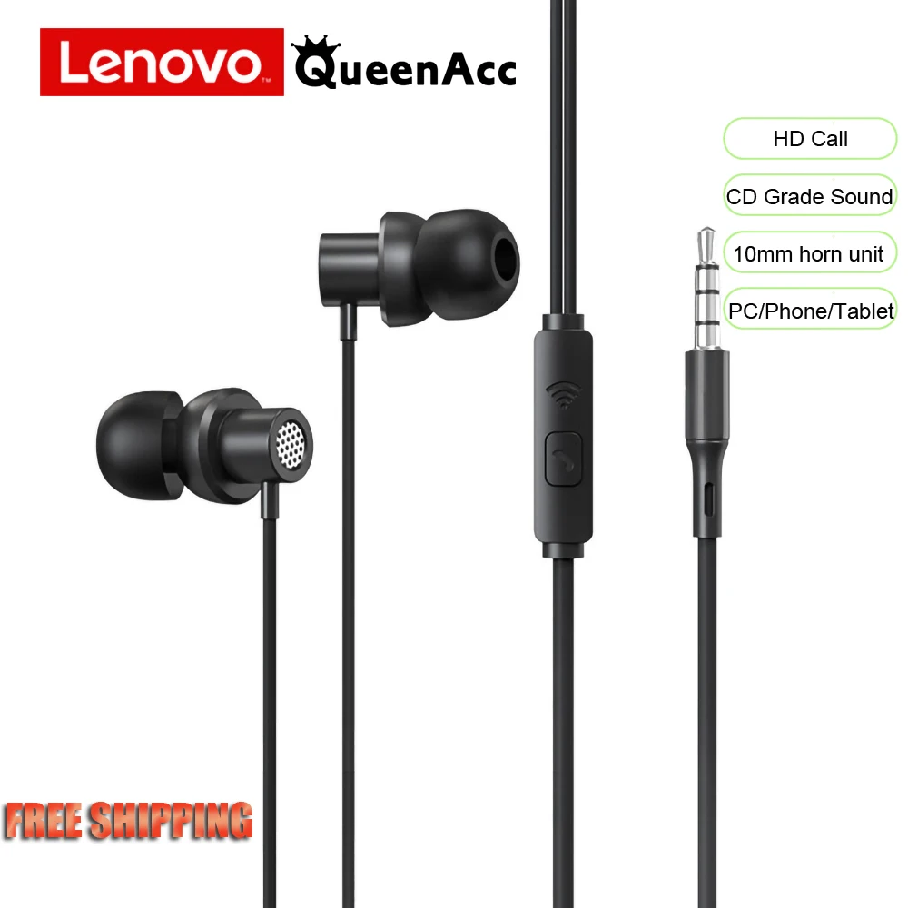 

QueenAcc Original Lenovo thinkplus tw13 Wired Earphone Headphones with Microphone 3.5mm in-Ear Headset music sport game earbuds