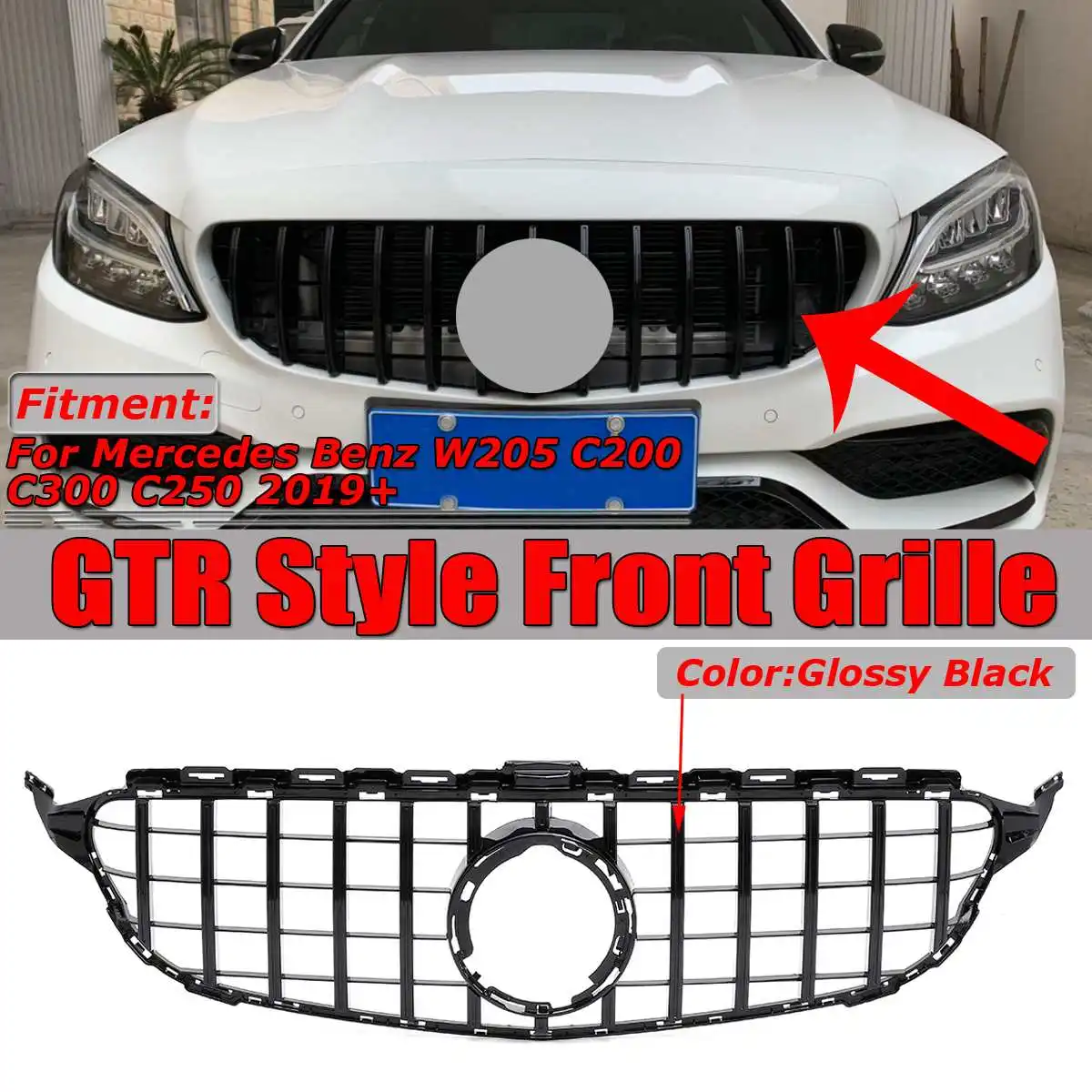 

Черный/хром W205 для GTR гриля автомобильный передний бампер Гриль решетка для Mercedes для Benz W205 C200 C300 C250 2019 + отверстие для камеры отсутствует ABS