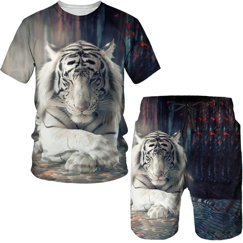 

Advanced Sense Tiger Summer Men And Women Fashion T-Shirt Shorts 2-Piece Set Sandy Beach Sunscreen Vacation Travel Holidays Seas