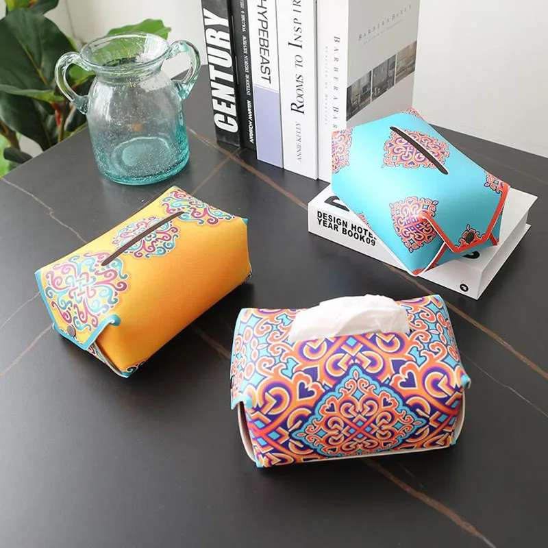 

Leather Tissue Box Chinese Style Totem Pattern Napkin Holder Car-Carrying Household Toilet Bathroom Desktop Paper Storage Box