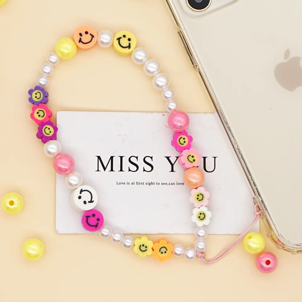 

Phone Straps Phone Charm Beaded Chain Summer Beach Pearl Telephone Jewelry For Women Smiley Face Mobile Lanyard
