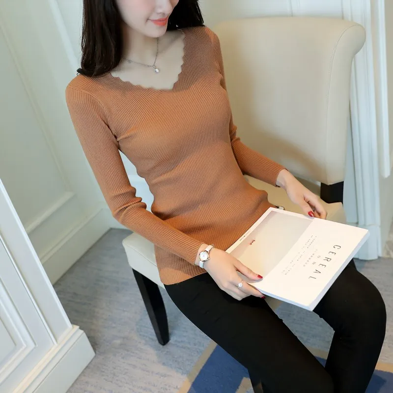 Autumn Long Sleeve Sweater Women Winter Pullovers Solid Black White Knitted Tops Wave Cut V-neck Basic Office 7809 50 | Женская одежда