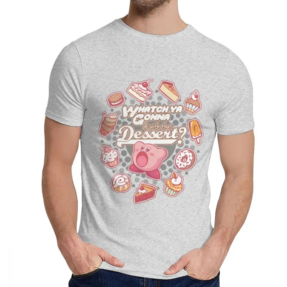 Футболка унисекс Kirby Whatch будет делать с десертом качество хлопка с круглым воротником для отдыха мультфильм дизайн La Camiseta - Цвет: Серый