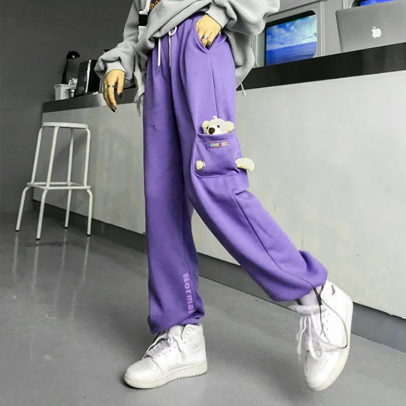 

Women Pants Plus Velvet Thickening Bear Doll Beam Foot Autumn and Winter Sweatpants Female Students Korean Loose Casual Pants