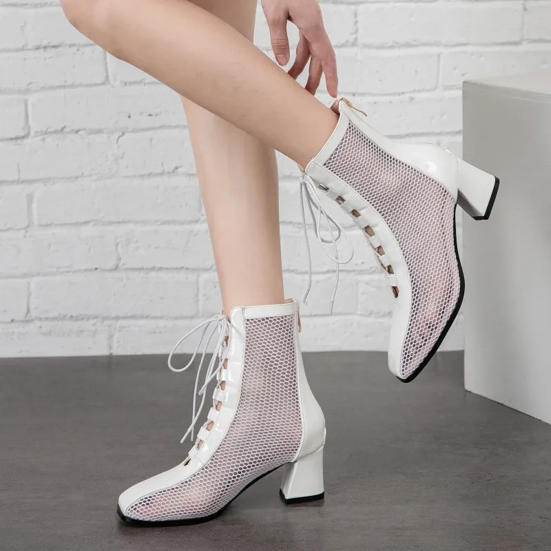 2021 New mesh lace ankle summer boots for women straps gladiator style ladies High heels sandals zip Hollow 32 33 43 | Обувь
