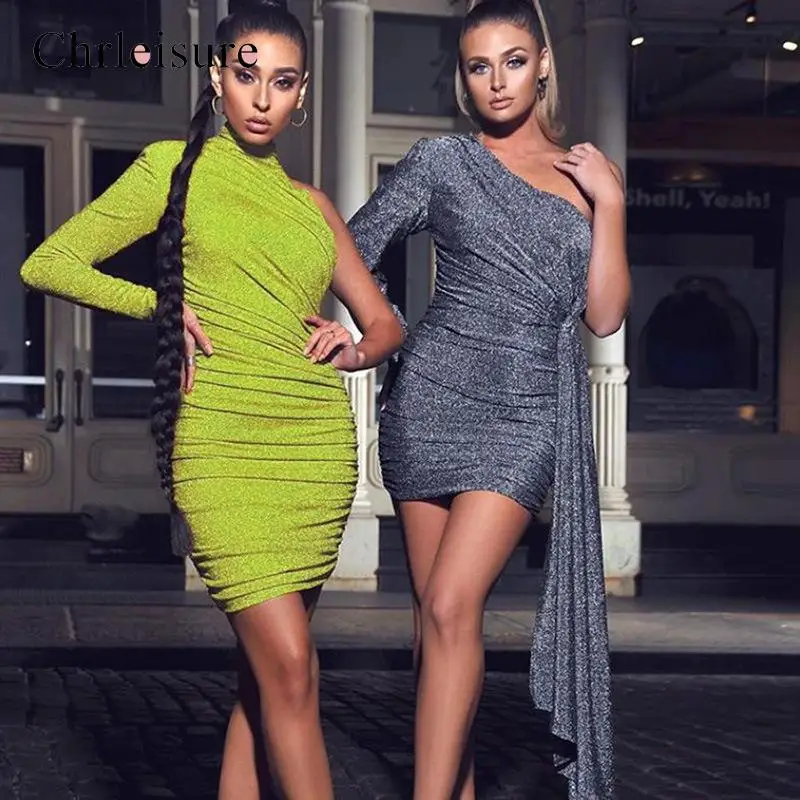 Женское блестящее мини-платье-чокер с открытыми плечами и рукавами креативные