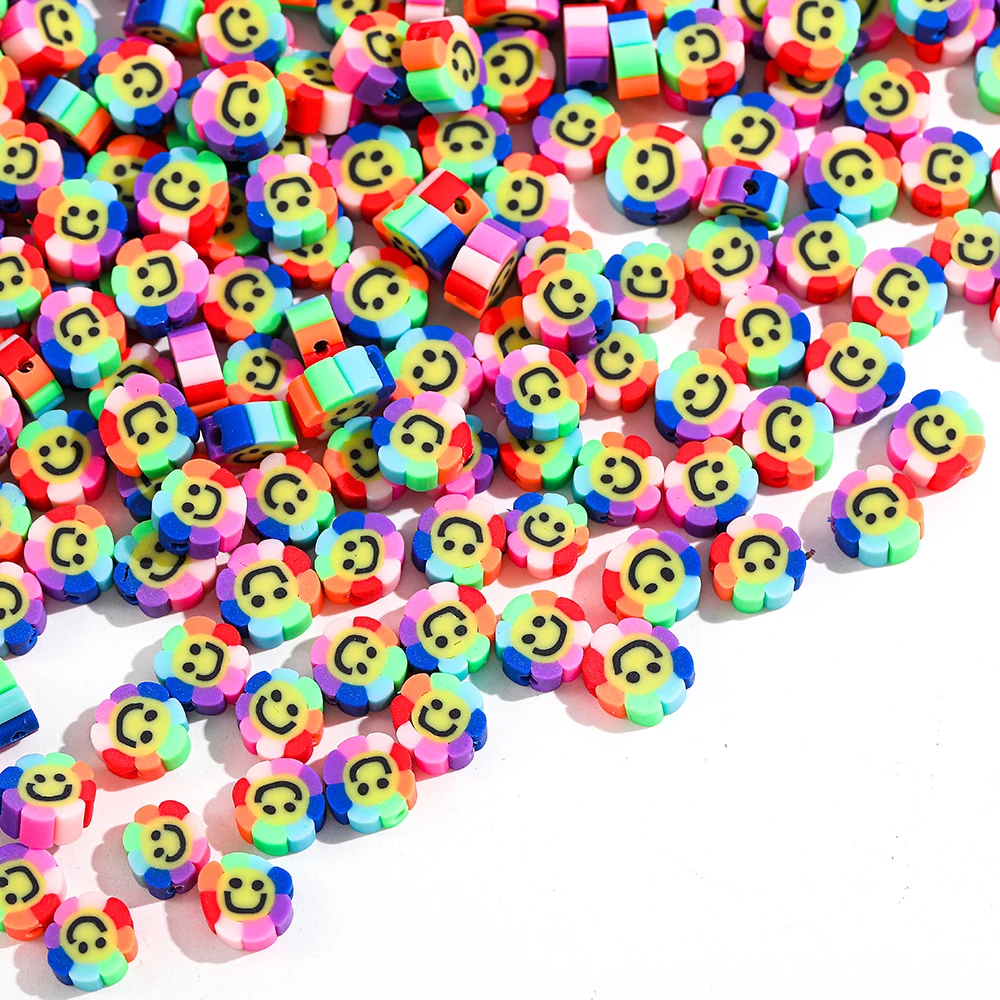 

30pcs/lot Rainbow Color Sunflower Shape Smiley Polymer Clay Beads Spacer Loose Beads for Jewelry Making DIY Bracelet Necklace