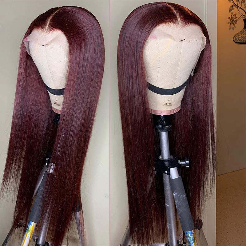 

Dark Burgundy Lace Front Human Hair Wigs Straight 180 Density Remy PrePlucked Brazilian Ombre 99j Lace Frontal Wigs For Woman