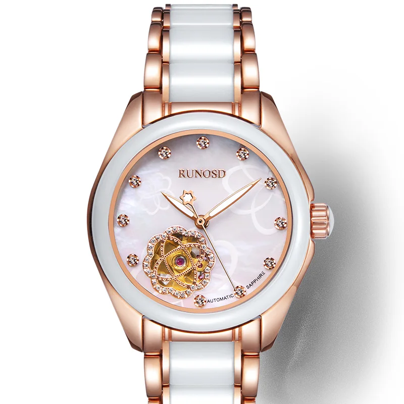 

RUNOSD Ladies Watch Elegant Fashion Rose Gold Zircon Shell Dial Miyota Mechanical Movement Stainless Steel Ceramic Strap 8158L