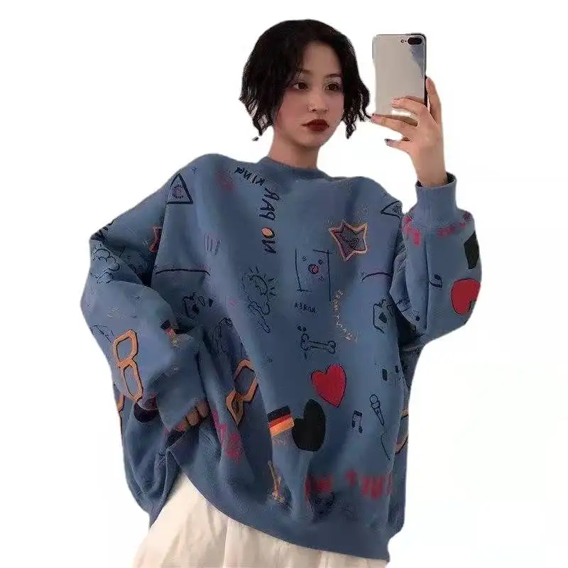 Autumn Winter 2021 New Women's Sweetshirts Korean Cartoon Print Casual Loose Long Sleeves Harajuku Hoodie Kawaii Couples Clothes