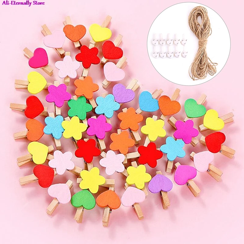 

50Pcs Mini Wooden Heart Postcard Pegs Photos Paper Clips Home Party DIY Decor