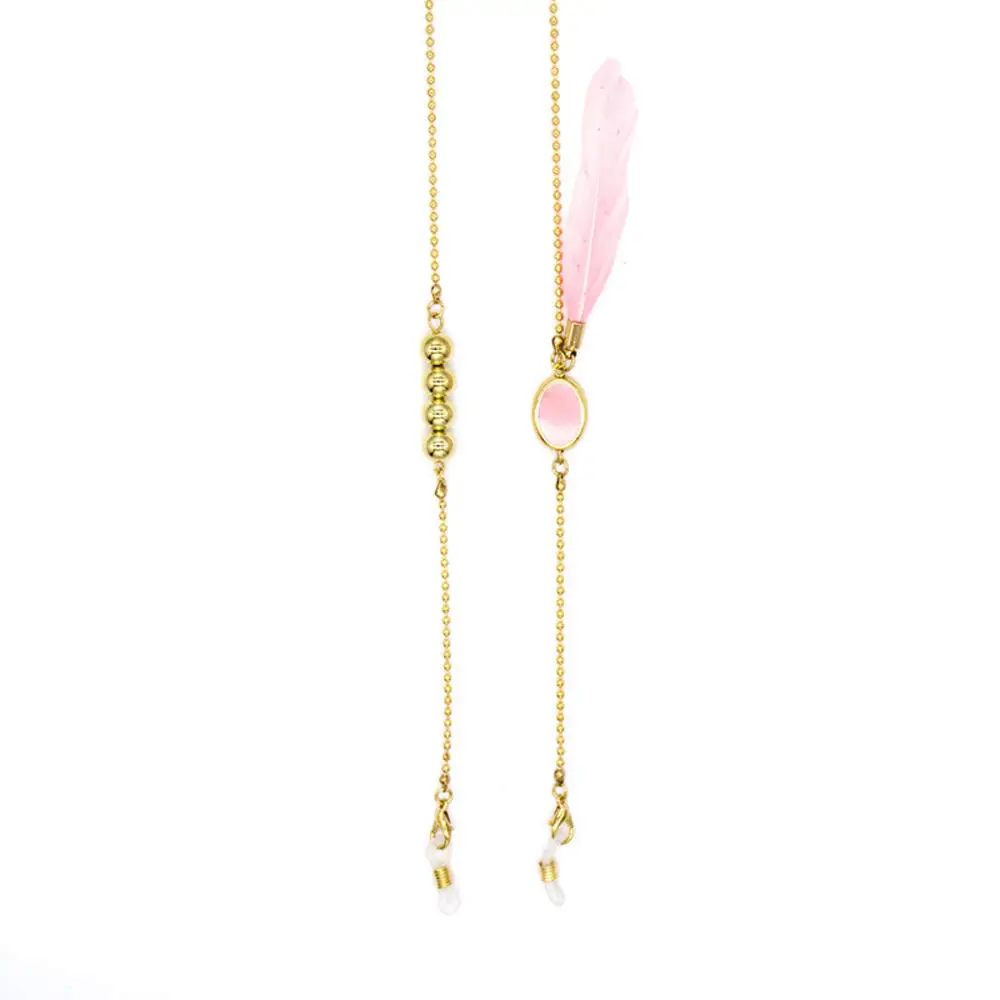 

New Quarter Chic Sweet Cool Ladies Natural Pink Feather Metal Beads Eyeglass Chain Reading Glasses Chain Accessories