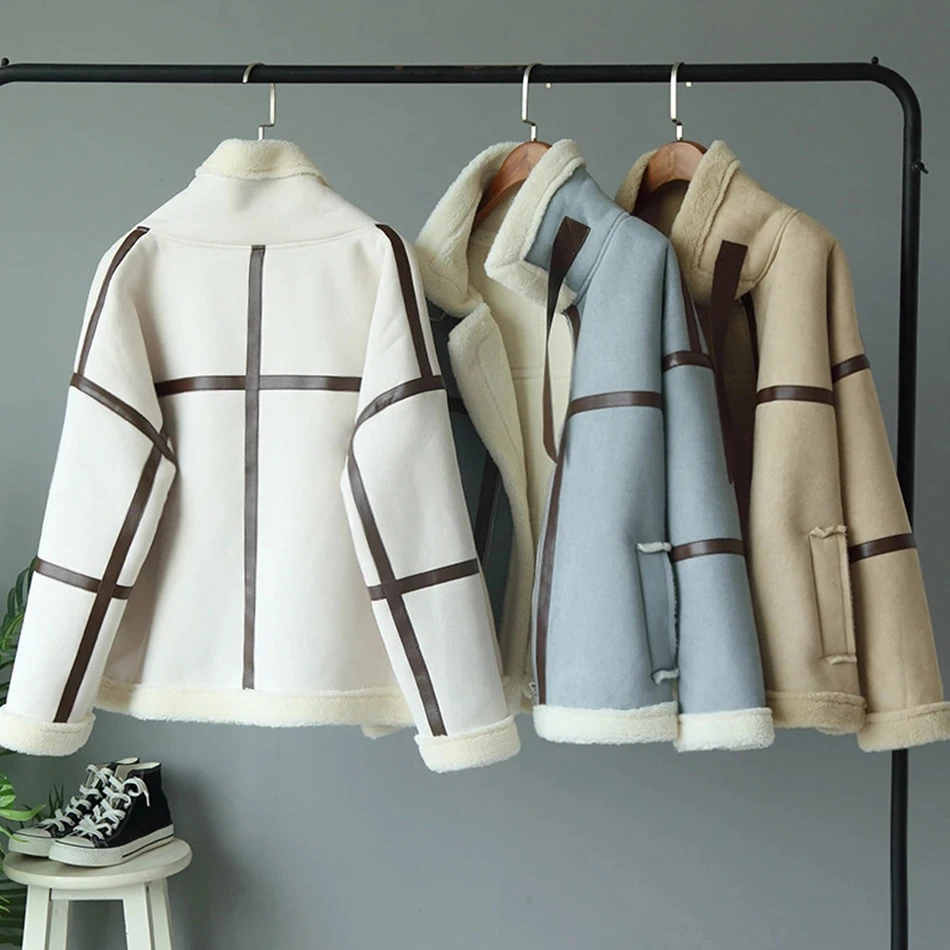 Женская куртка из овечьей шерсти с длинным рукавом на шнуровке зимняя утепленная