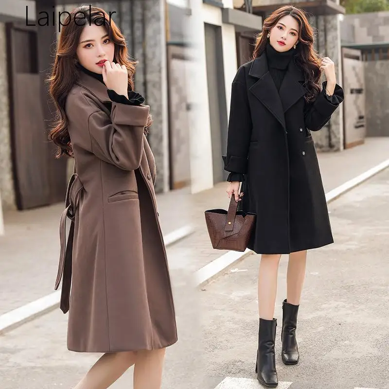

Fashion Slim Turn-down Collar With Belt Women Wool Coat Cuffs Full Sleeve Winter Jacket A- Line Pockets Cashmere Coat 2019