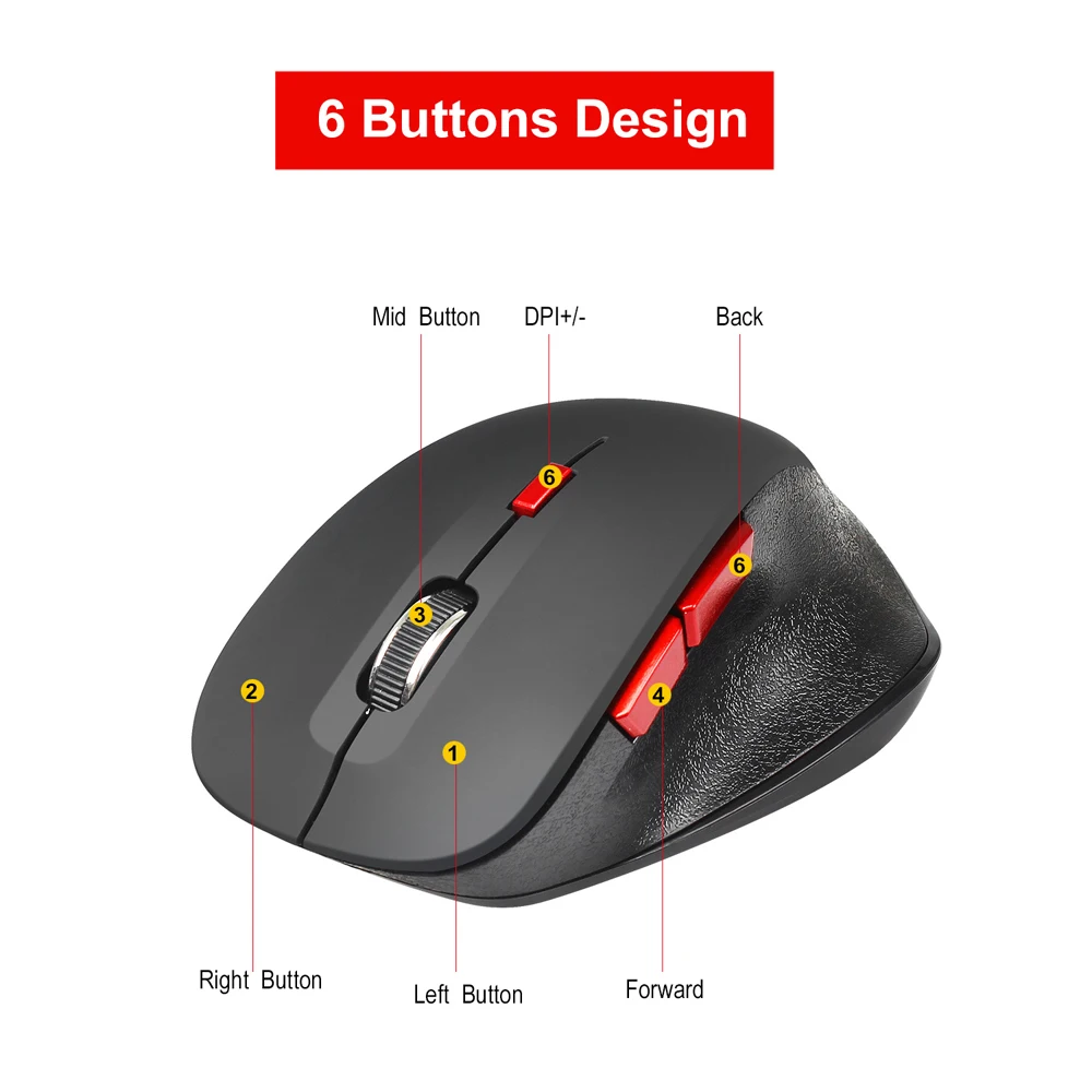 

YWYT Wireless Mouse 2.4GHz 2400DPI with USB Receiver Ergonomic Anti Fatigue 6 Keys Notebook Mouse for Mac OS Windows