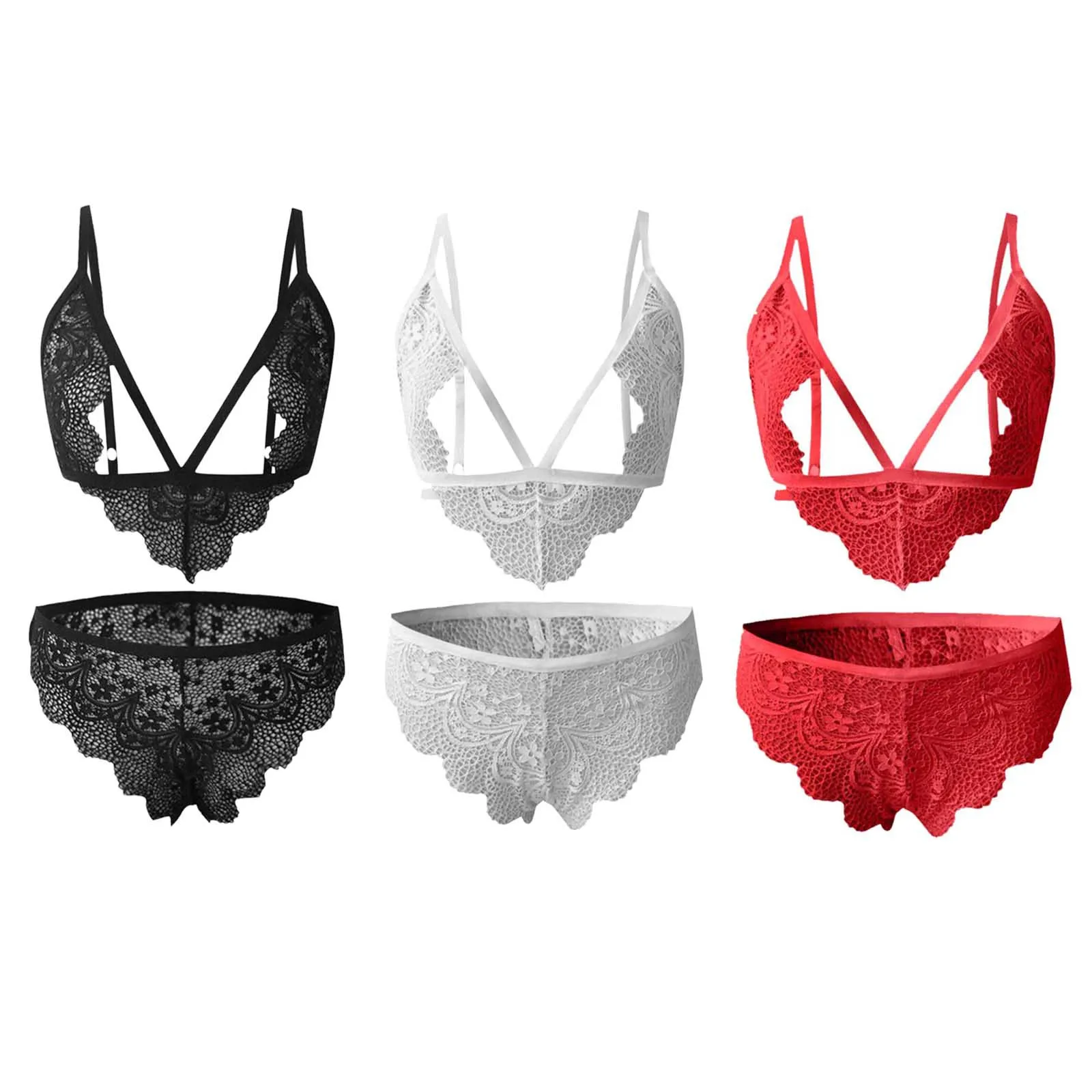 

3PCS Women Lingerie Corset Lace Bandage Push Up Top Bra+Pants Underwear Set Ultrathin transparent bra panties lace bra set black