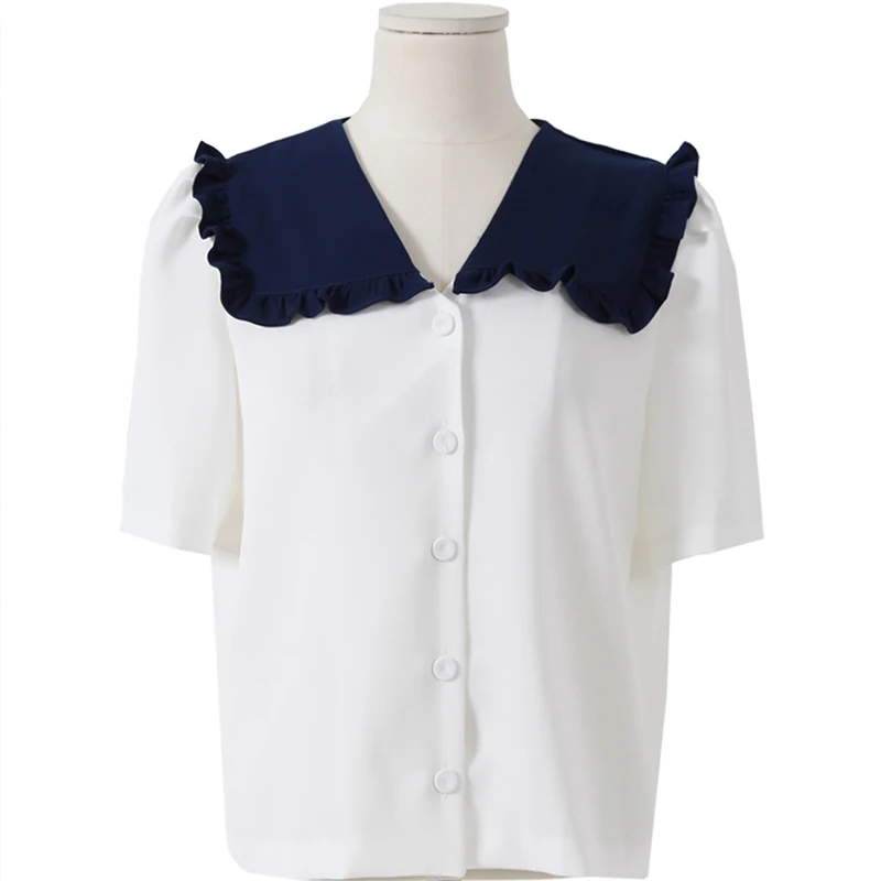 

Summer Korean Chic White Blouse Elegant Short Sleeve Ruffle Peter Pan Collar Single-breasted Tops Casual Loose Female Shirts New