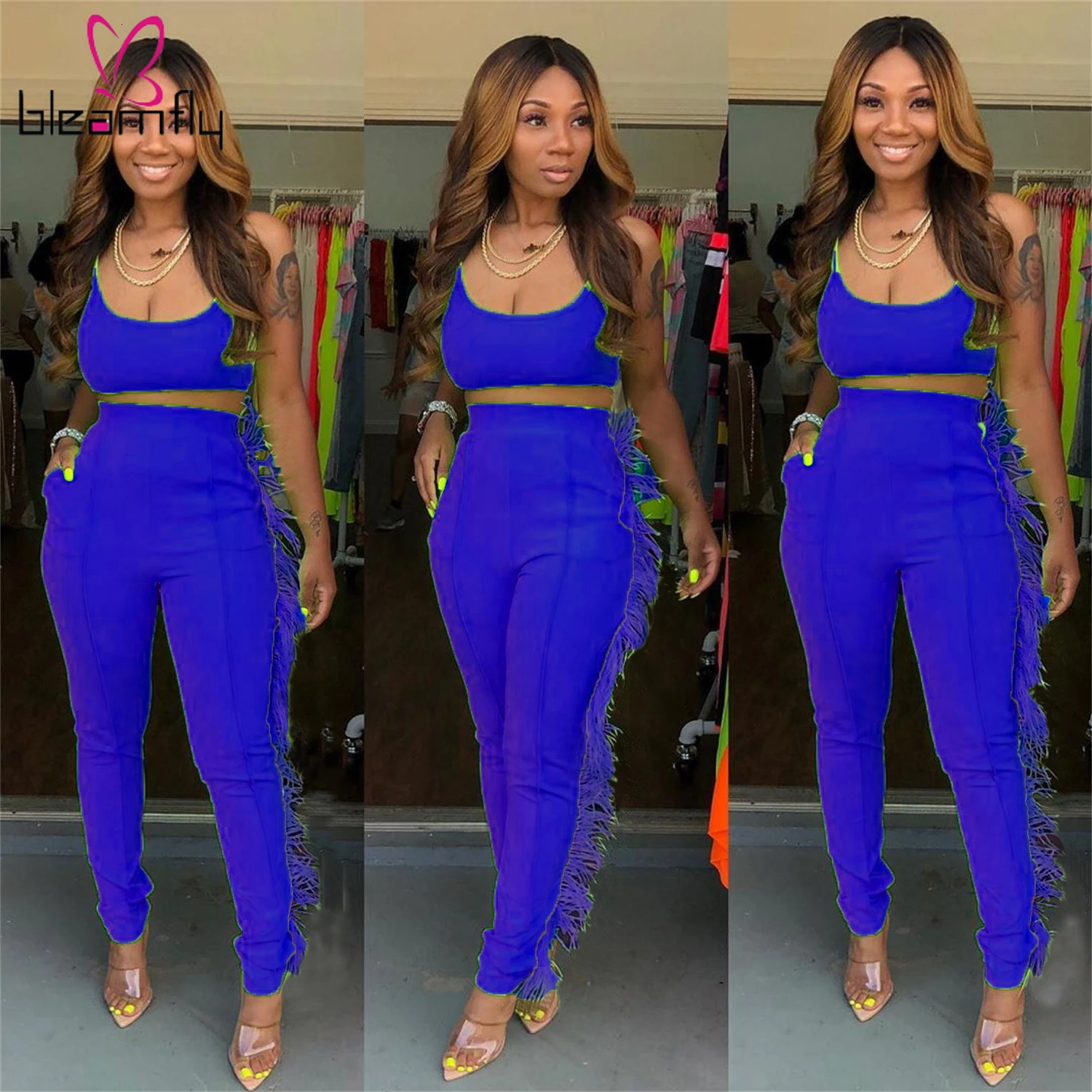 Новинка 2019 женский летний однотонный топ на бретелях и штаны с кисточками