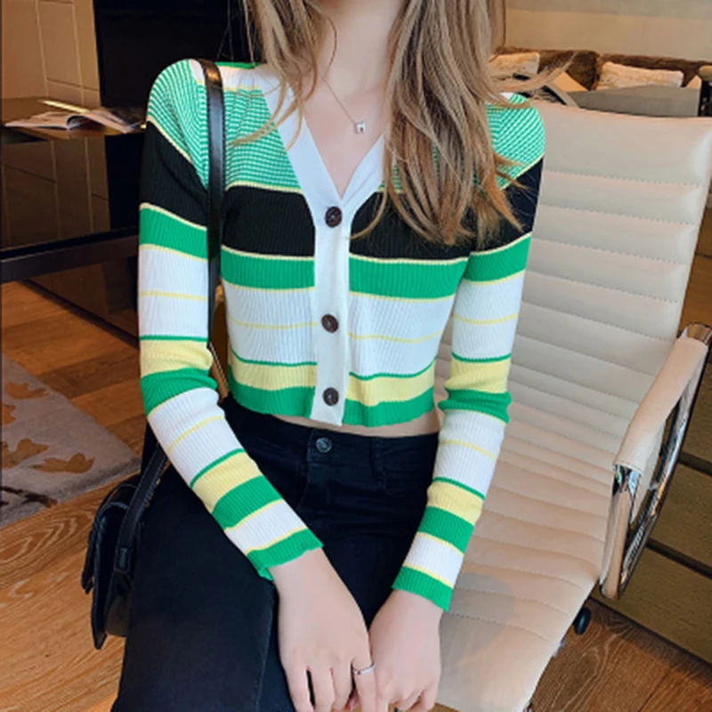 

Early spring new style v-neck color striped sweater women short slim cropped cardigan jacket