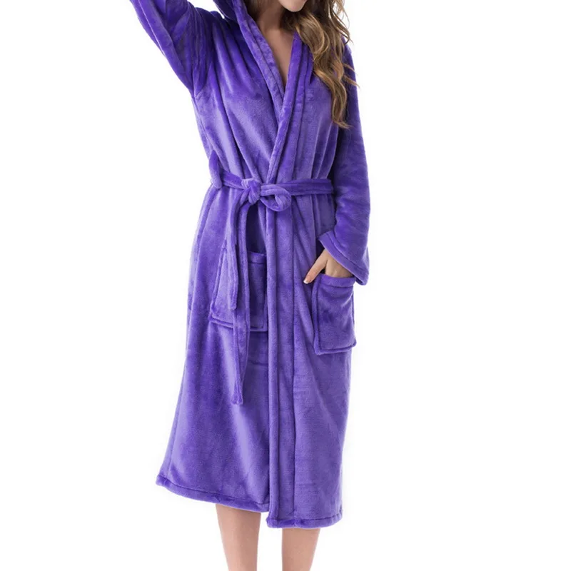 

KANCOOL Couple Men Winter Thicken Plus Size Long Cozy Flannel Bathrobe Kimono Warm Fleece Hooded Bath Robe Women Sleepwear
